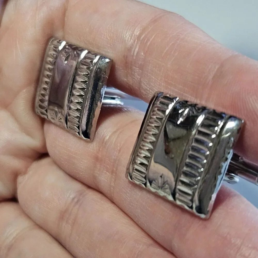 Silver Tone Rectangular Art Deco Cufflinks Stamped Star Etched Lines